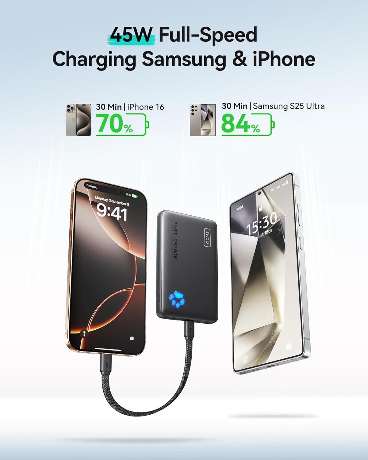 Ultra Slim 45W Fast Charging Power Bank | 10000mAh Portable Charger | USB-C Input Output Battery Pack | Mini Travel Power Bank | Pocket-Size External Battery for Phone and Tablet - PuriLite