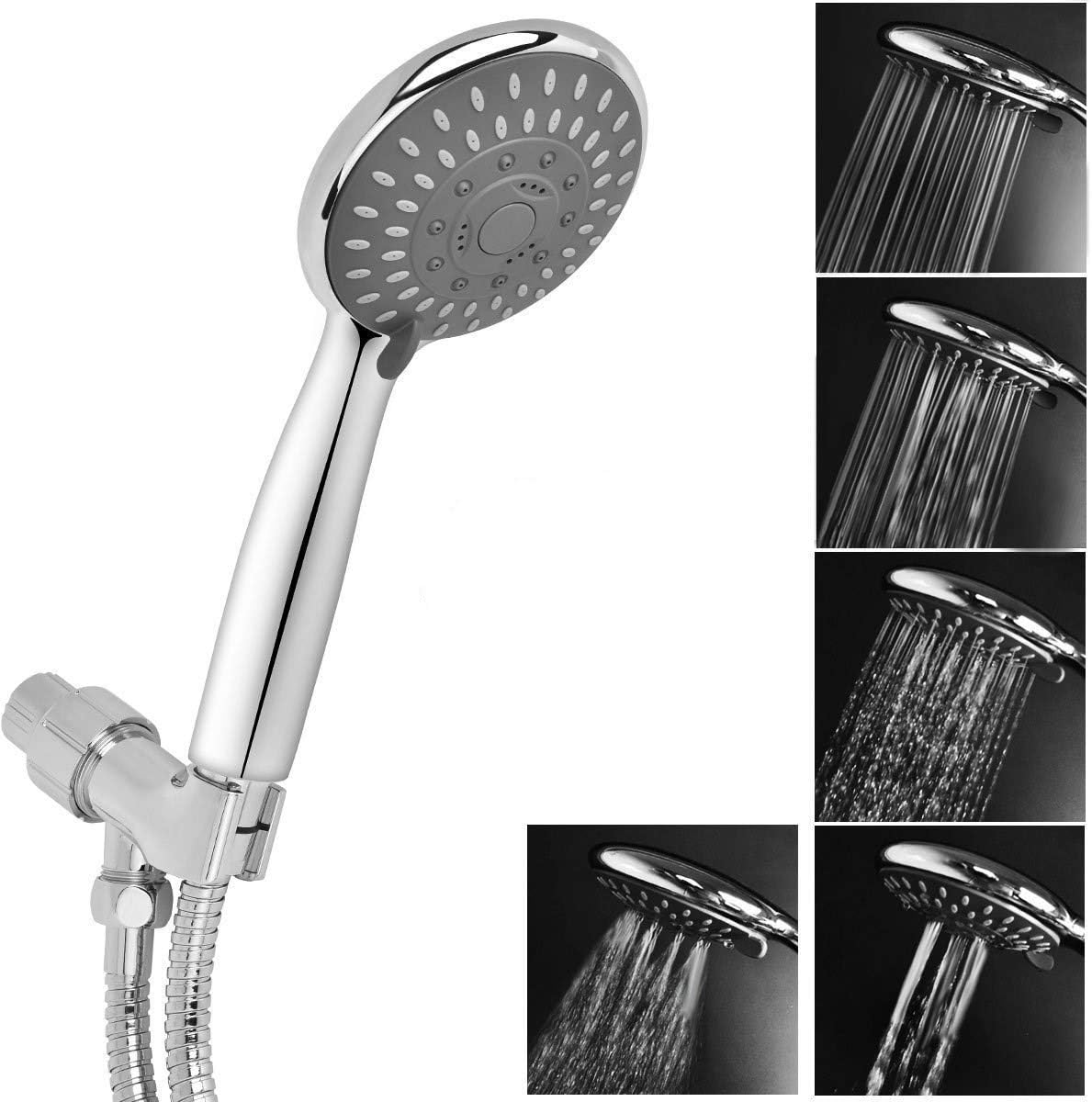 Shower Head, High Pressure Handheld Showerhead with Hose, 5 Settings Chrome Finished Hand Held Rainfall Shower Set- Including Bracket Teflon Washer