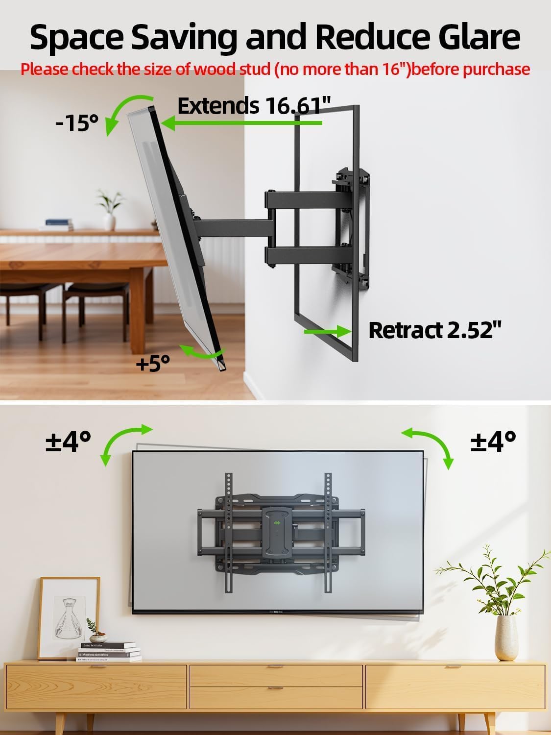 USX Mount UL Listed Full Motion TV Wall Mount for Most 37-86 inch TV, Swivel and Tilt Mount with Dual Articulating Arms Up to 132lbs, VESA 600x400mm, 16" Wood Studs, XML019