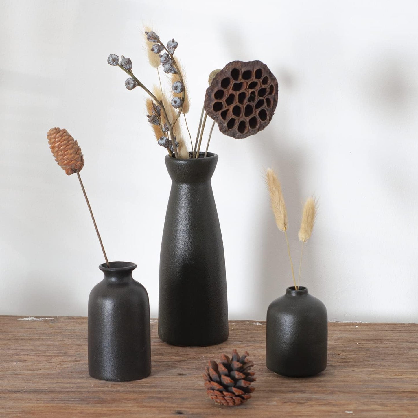 CEMABT White Ceramic vase Set-3 Small Flower vases for Decor,Modern Boho Farmhouse Home Decor,Decorative vase for Pampas Grass&Dried Flowers,idea Shelf,Table,Bookshelf ,Entryway- Distresse