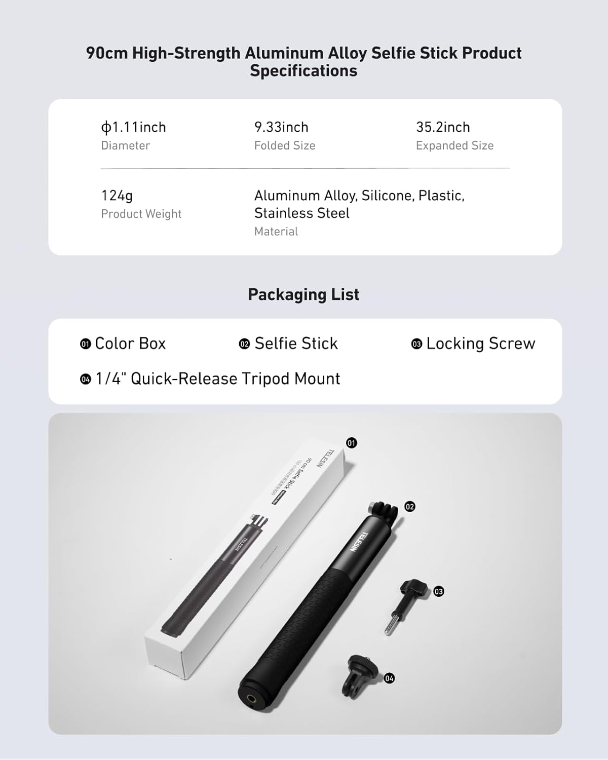 TELESIN 47" Extension Selfie Stick, Portable Smooth Handheld Invisible Monopod Pole for GoPro Hero 13 12 11 10 9/Insta360 X5 X4/DJI Osmo Pocket/AKASO Vlog Selfie Stick, Action Camera Accessories
