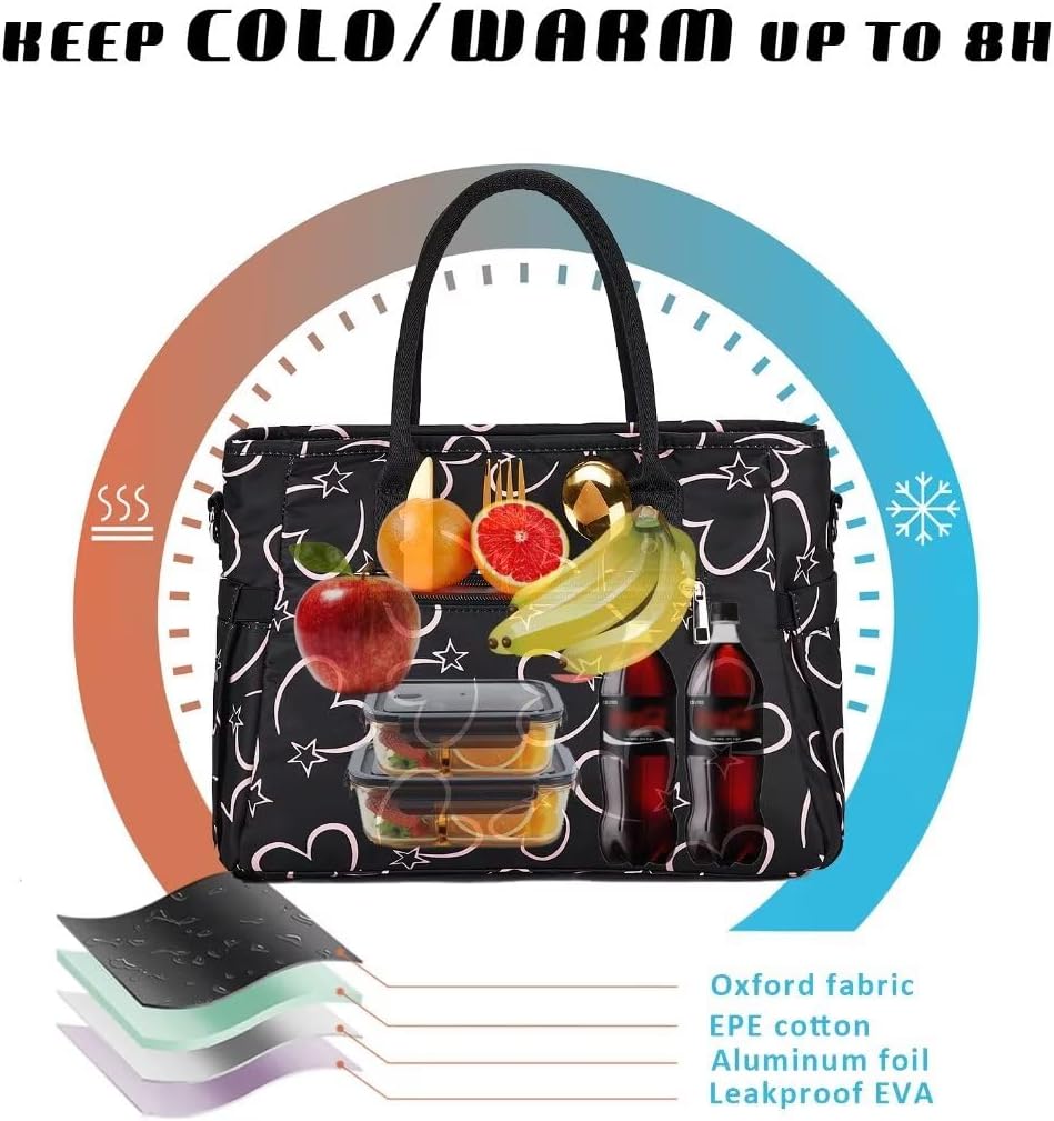 Lunch Bag for Women, Insulated Lunch Box for Work, Large Leakproof Cooler Purse with Side Pockets & Removable Shoulder Strap Women's Lunch Tote Bag for Picnic Work Beach Cute Lunch Bags (Heart)