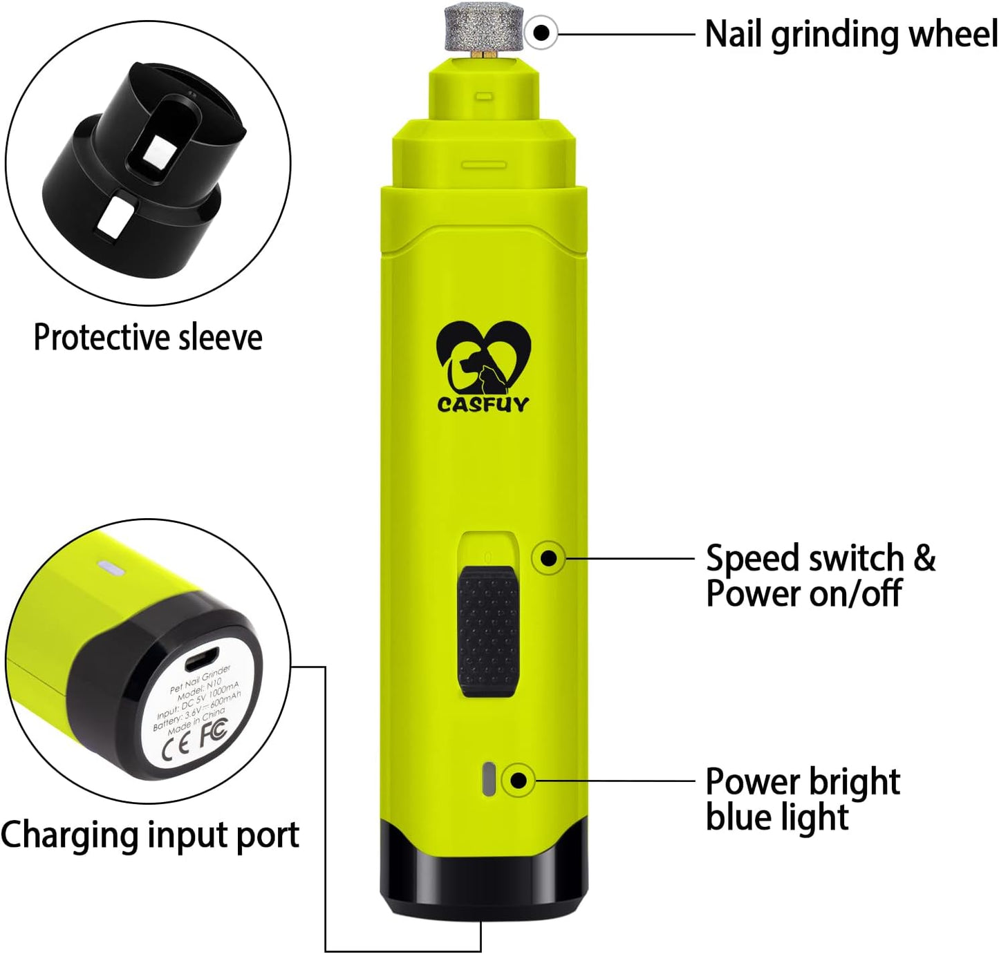 Casfuy Dog Nail Grinder Upgraded - Professional 2-Speed Electric Rechargeable Pet Nail Trimmer Painless Paws Grooming & Smoothing for Small Medium Large Dogs & Cats (White)