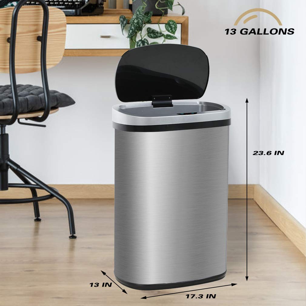 13 Gallon 50 Liter Garbage Can Kitchen Trash Can with Lid Automatic Sensor Touch Free Stainless Steel Waste Bin for Bathroom Bedroom Home Office,Black