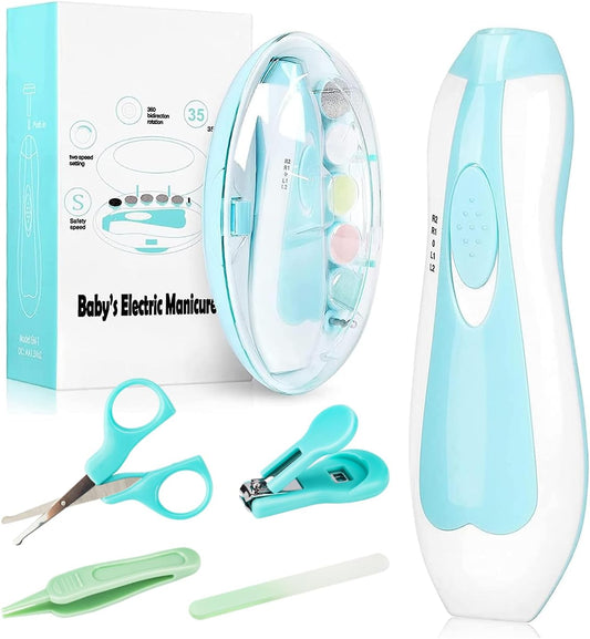 Baby Electric Nail Trimmer Kit - Infant Electric Nail Clippers with Light - 18 in 1 Newborn Nail Filer Electric for Toddler Toes and Fingernails Polish Trim - UHFi Kids Adults Nail Care Tool Set -Blue - PuriLite