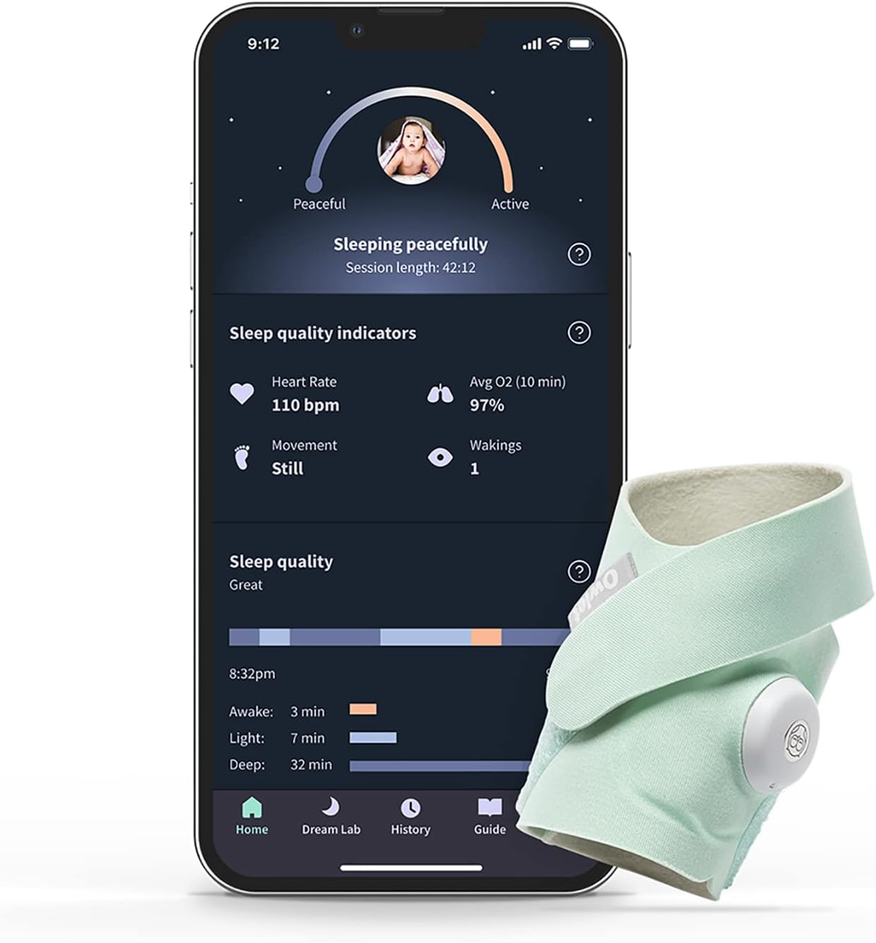 Owlet Dream Sock - Smart Baby Monitor View Heart Rate and Average Oxygen O2 as Sleep Quality Indicators. Wakings, Movement, and Sleep State. Digital Sleep Coach and Sleep Assist Prompts, Mint