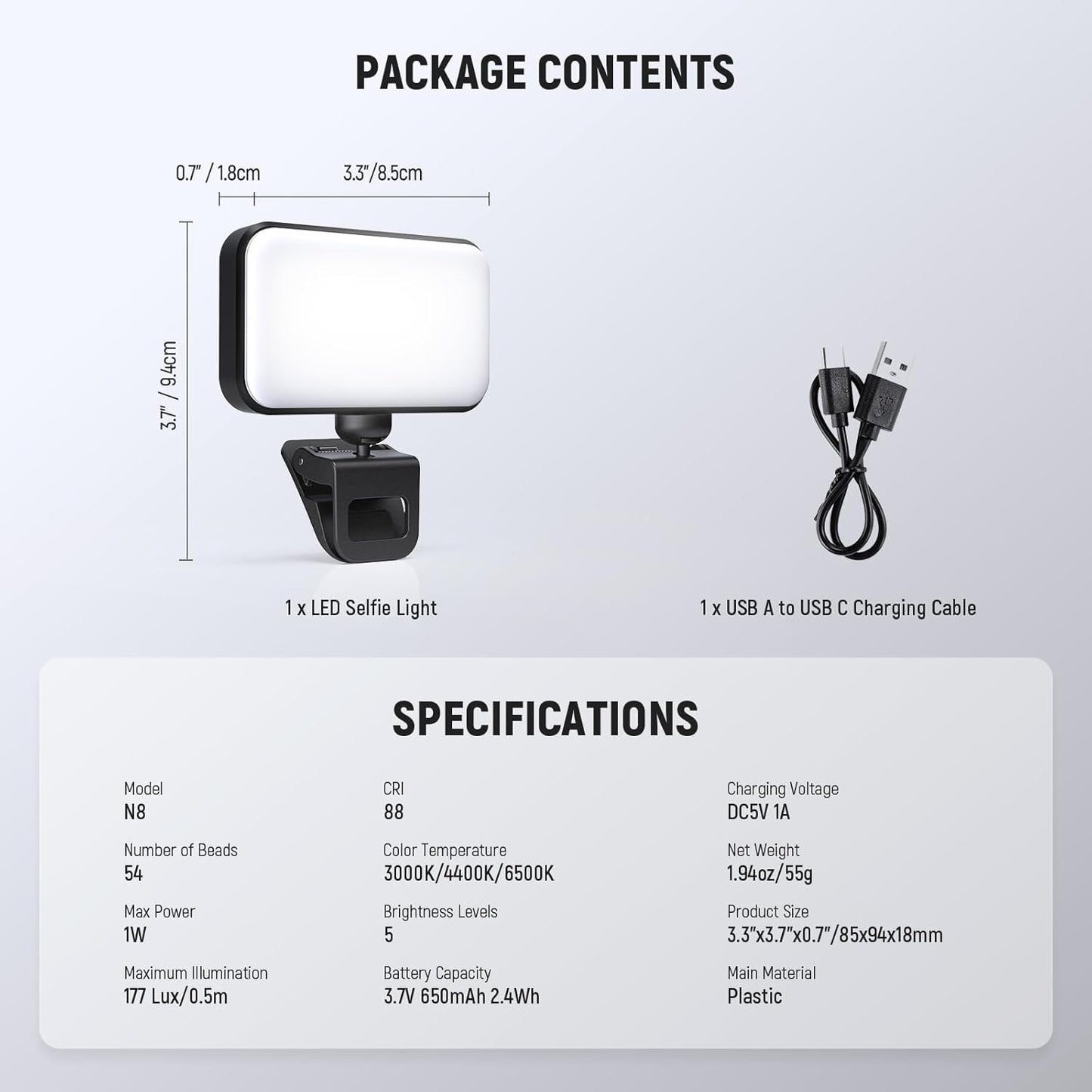 NEEWER Entry Level Version LED Selfie Light, 54 LEDs Plastic Clip on Phone Fill Lighting for iPhone, CRI88 650mAh, Portable for Computer Laptop Webcam Zoom Video Conference Makeup Recording, N8