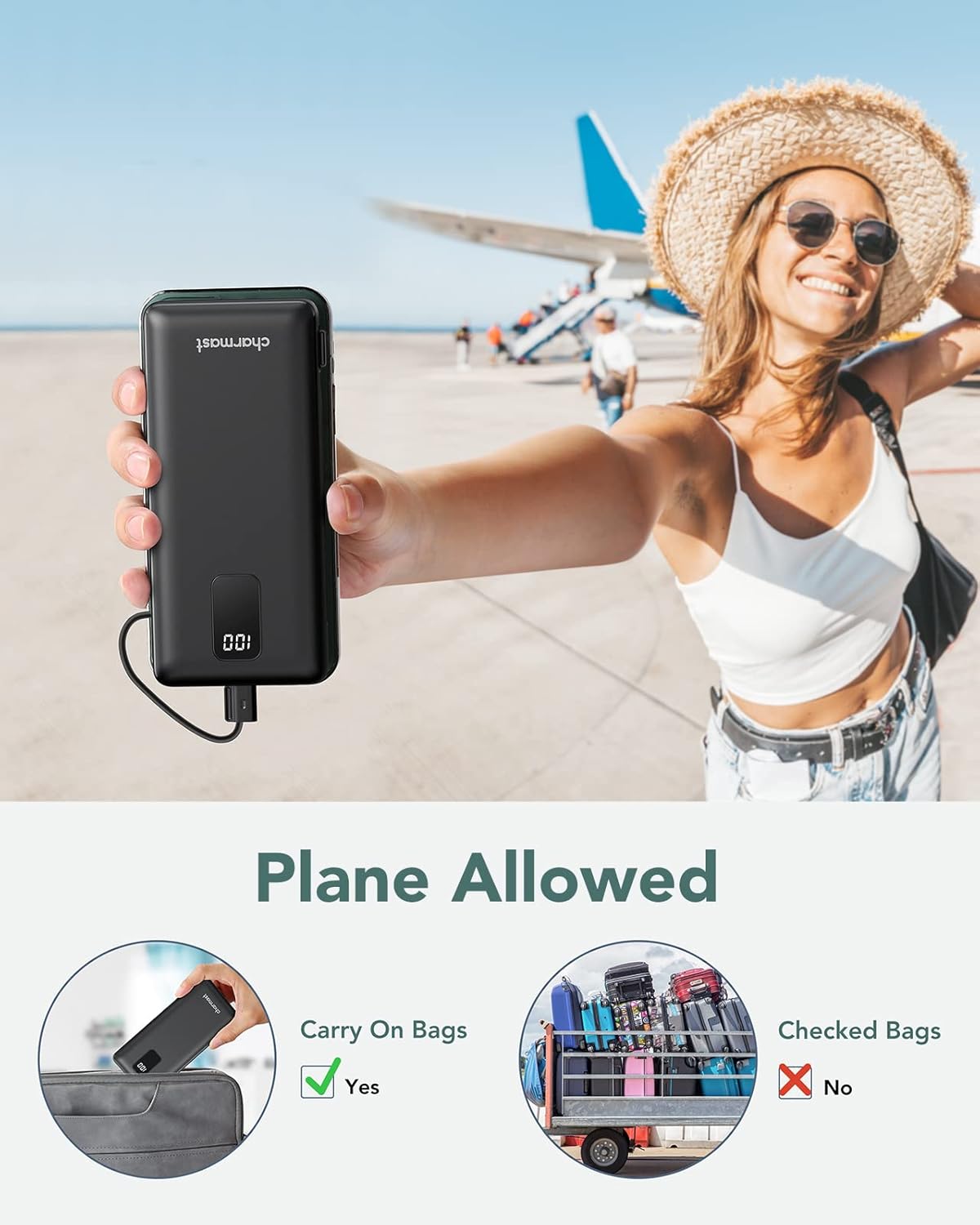 Charmast 10000mAh Portable Charger with Built-in Cables and AC Wall Plug,USB C Battery Pack Power Bank,5 Output 2 Input Battery Pack Compatible with iPhone 16/15/14/13/12,Andriod Series