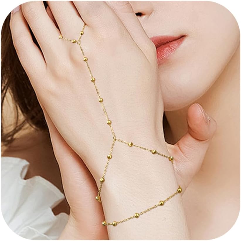 Hand Chain Ring Bracelet For Women, 14k Gold Plated Dainty Cubic Zirconia Minimalist Finger Ring Bracelet, Trendy Stuff Jewelry Gifts To Wife Girfriend Daughter Sister BBF, 17.5cm/7.5cm
