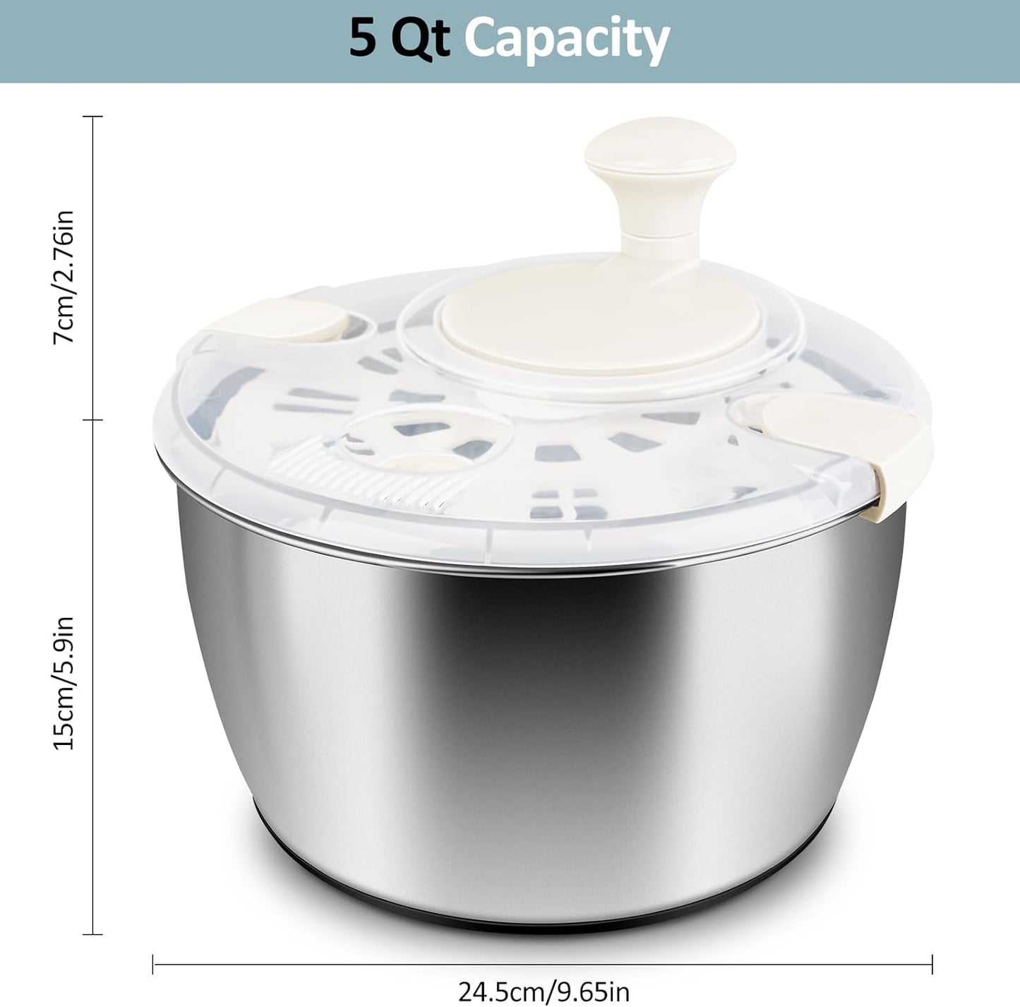 RAINBEAN Salad Spinner Stainless Steel Large, Multi-Use Lettuce Spinner Wash Spin and Dry Fruits and Vegetables with Drain Bowl Colander Spinner (5 Qt)