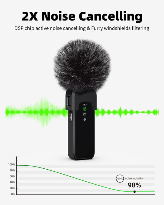 Wireless Lavalier Microphone for iPhone 15 16 & Android with Noise Cancellation, 100ft Transmission, 18H Battery Life, USB Type-C Wireless Lapel Microphone for Video Recording, Vlog, Streaming