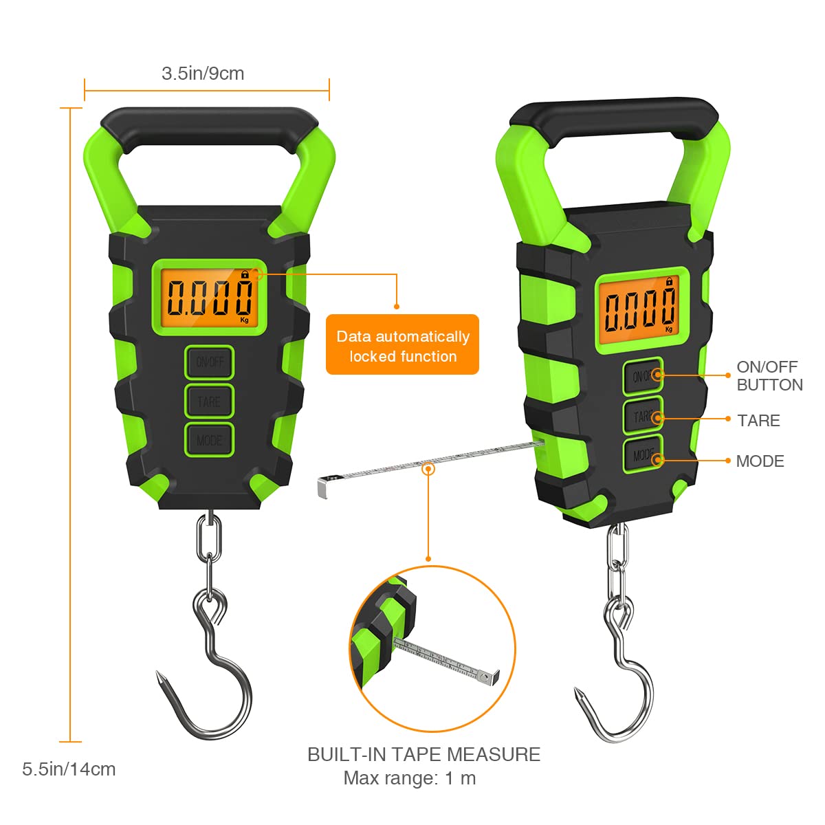 JXTZ Digital Fishing Scale, 110 lb / 50 kg Digital Luggage Scale with Backlit LCD Display, IPX4 Waterproof Hanging Scale with Measuring Tape, for Ice Fishing, Home Outdoor, Batteries Included - Green