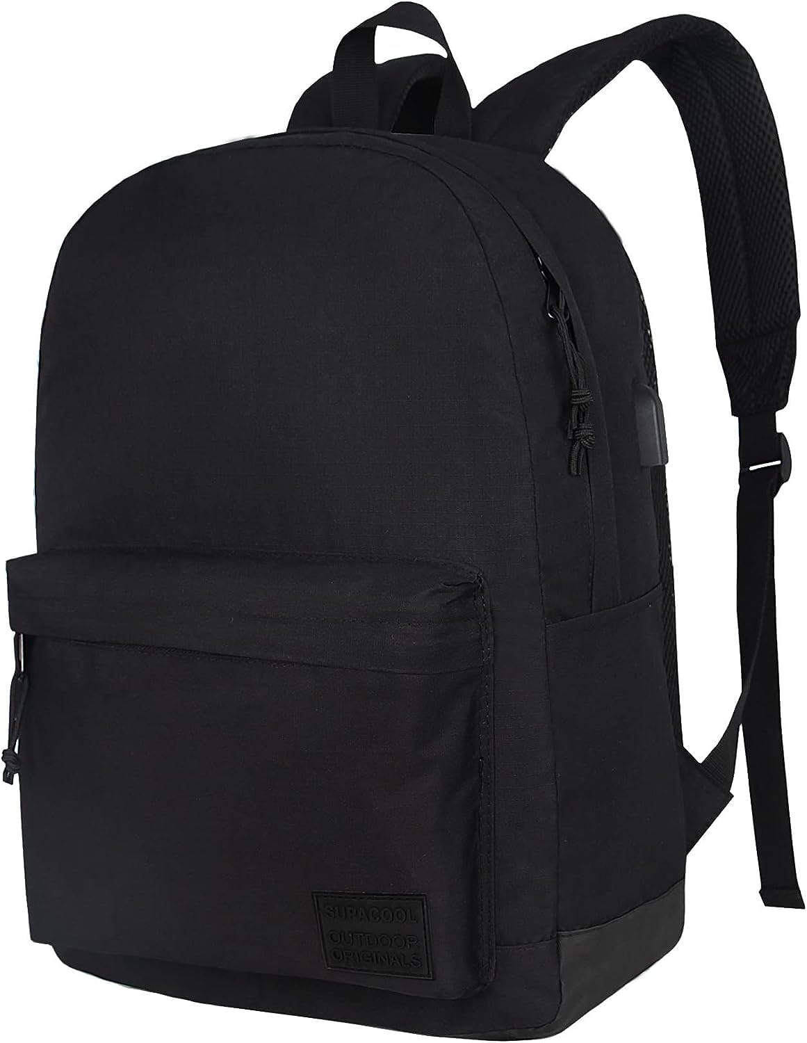 SUPACOOL Casual Laptop Backpack with USB Charging Port for Men and Women, School Bookbag for College, Lightweight Pack Back(Dark Black)