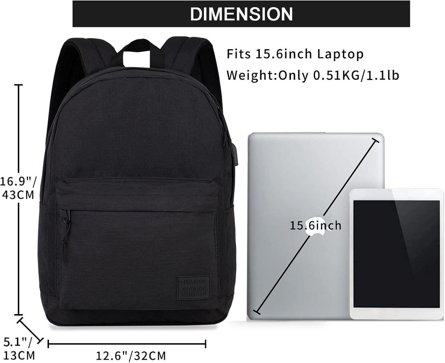 SUPACOOL Casual Laptop Backpack with USB Charging Port for Men and Women, School Bookbag for College, Lightweight Pack Back(Dark Black)