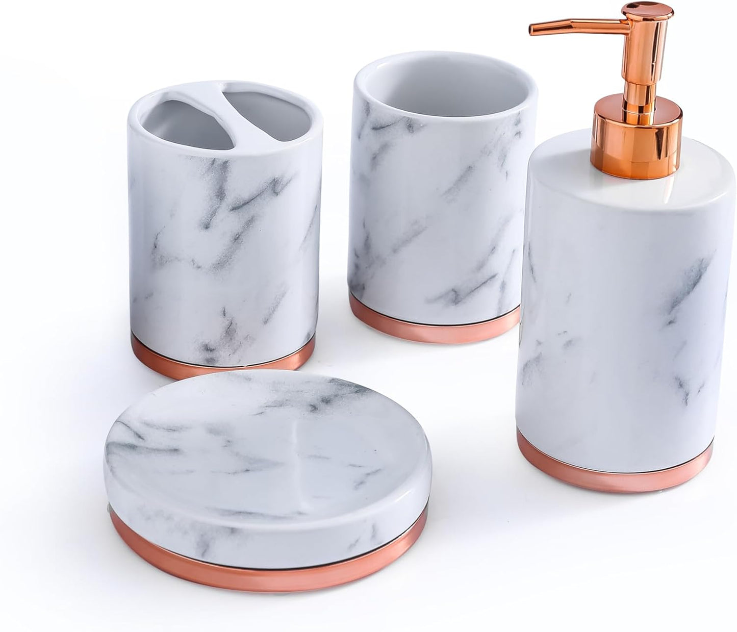 WPM 4 Piece Ceramic Bath Accessory Set | Includes Bathroom Designer Soap or Lotion Dispenser w/Toothbrush Holder, Tumbler, Soap Dish Choose from Purple, Black, Brown, Navy or Burgundy (Brown)