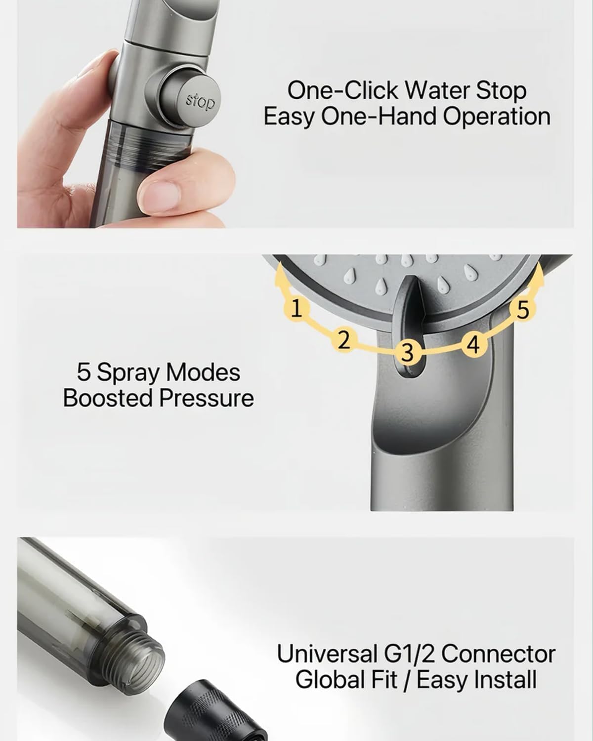for Hydroboost High Pressure 5-Mode Filtered Shower Head, 2025 Upgraded Hydro Boost Shower Head, Pommeau De Douche Haute Pression, One-Click Water Stop, 1/2'' Connection (1Pcs Black)