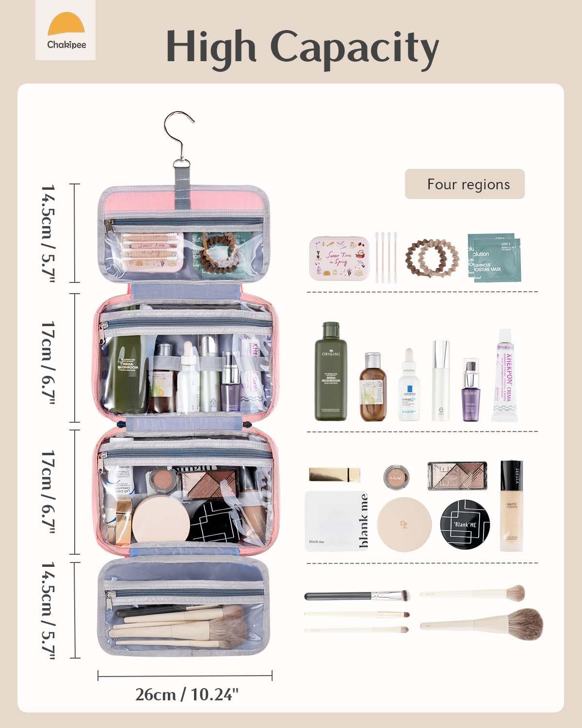 Chakipee Travel Hanging Toiletry Bag for Women - Waterproof Toiletries Bag Cosmetic Organizer Lightweight Bathroom with Clear Window for Essentials, Makeup, Shampoo Pink Medium