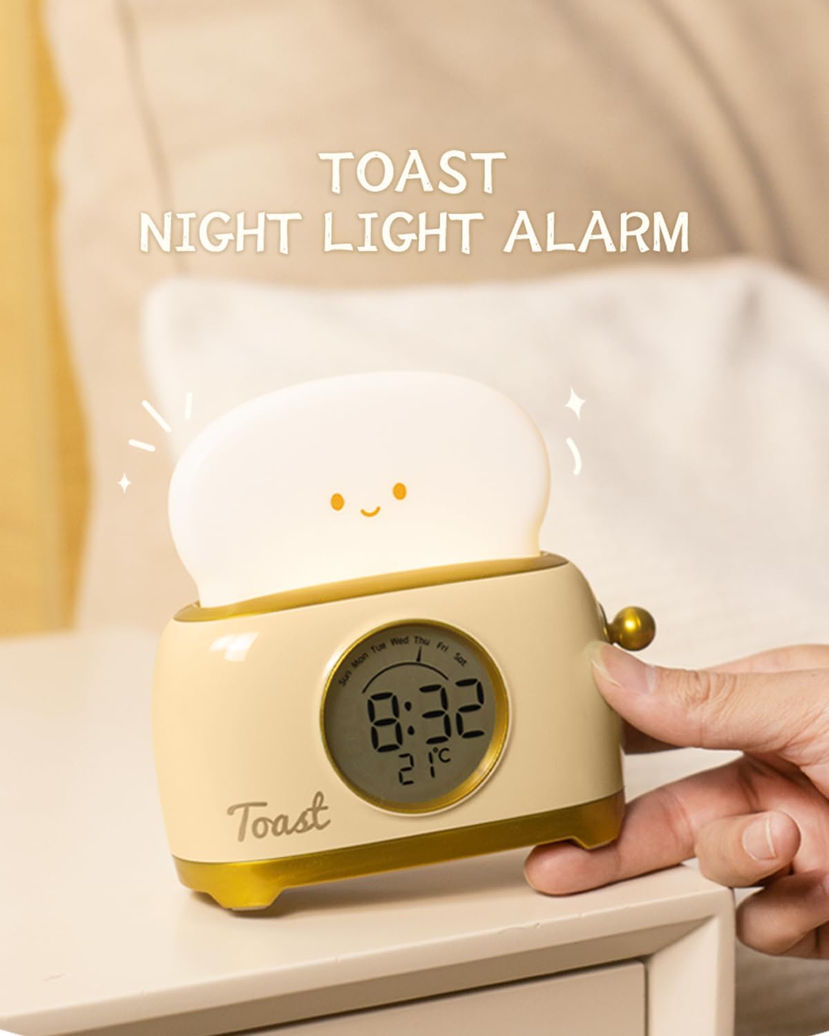 Alarm Clock for Kids, Cute Toast Night Light Alarm Clocks for Bedrooms, Dimming Rechargeable Small Led Desk Clock with Snooze & Countdown for Room Decor, Bedside Clock for Teen Girls Boys,Green