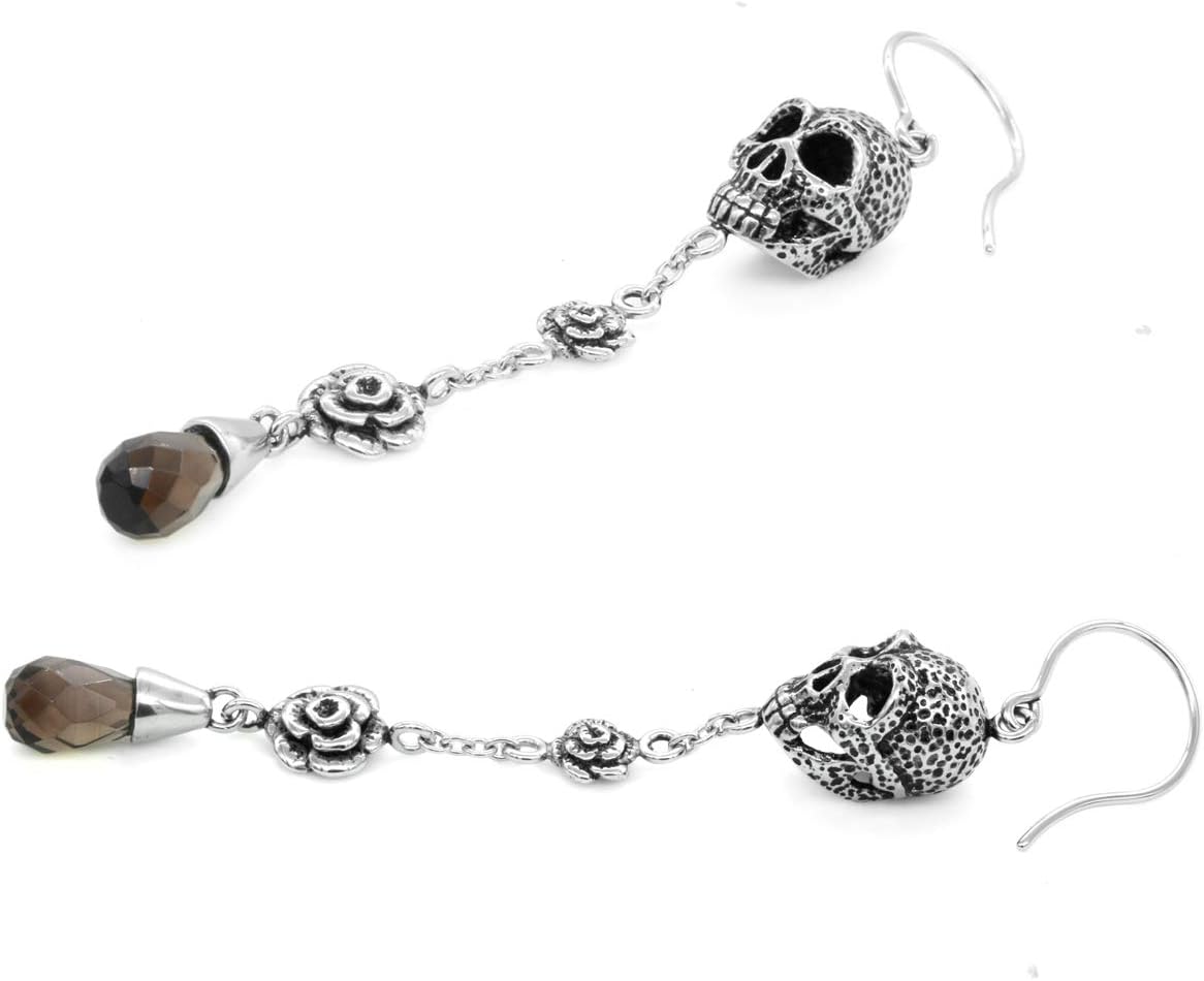 Skull and Rose Earrings Design with Smoked Quartz Teardrop, Stainless Steel