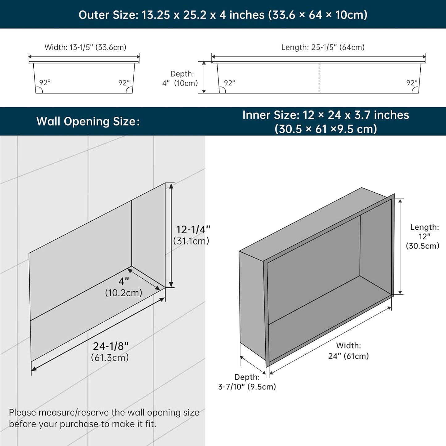 BLYLUND Shower Niche 12" x 24" NO Tile Needed,Matte Black Double Shelf Organizer, Square Corners Wall-Inserted Niche Recessed Shower Shelf Modern Soap Niche for Bathroom