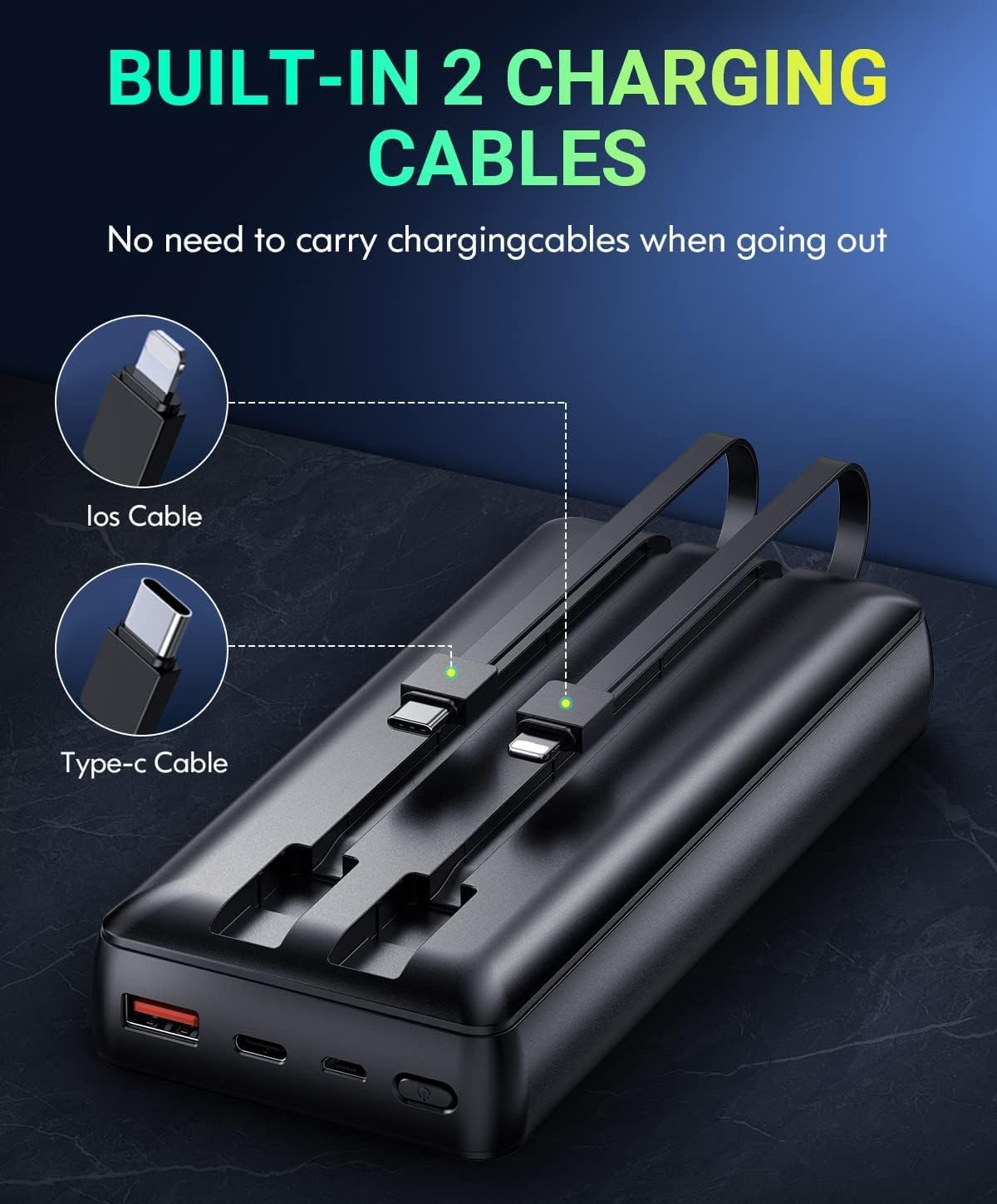 Power-Bank-Portable-Charger - 40000mAh Power Bank Support PD 30W and QC4.0 Fast Charging wiht Built-in 2 Output Cable and LED Display for iPhone and Android Phones and Most Electronic Devices
