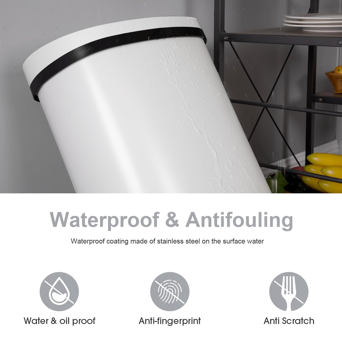 13 Gallon 50 Liter Garbage Can Kitchen Trash Can with Lid Automatic Sensor Touch Free Stainless Steel Waste Bin for Bathroom Bedroom Home Office,Black