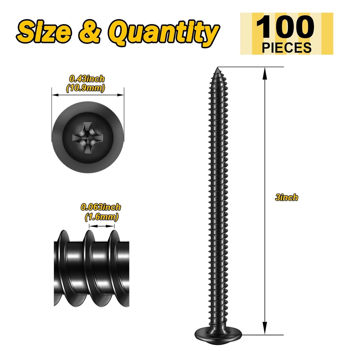 150Pcs #8 × 2" Black Screws for Wood, Phillips Truss Head Wood Screws, Quick Metal Self Tapping, Zinc Plated Steel, Truss Head Screws by Mywish