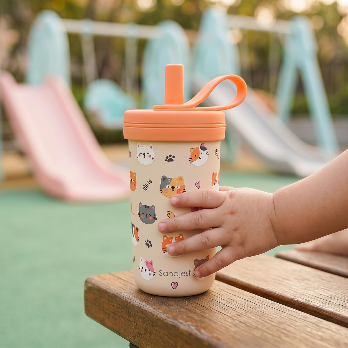 Kids Stainless Steel Tumbler with Silicone Straw 14oz, Cat Insulated Drinking Cup for Children, Girls, Boys for Back to School, Birthday