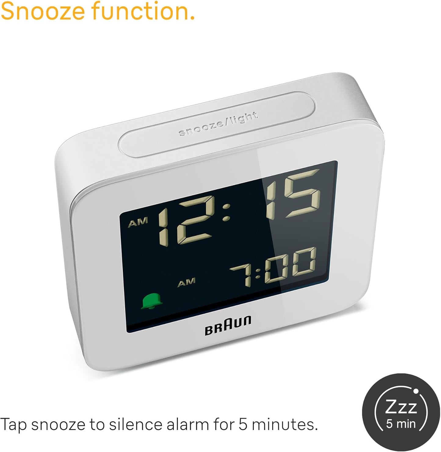 Braun Digital Alarm Clock with Snooze, Negative LCD Display, Quick Set, Crescendo Beep Alarm in White, Model BC09W.
