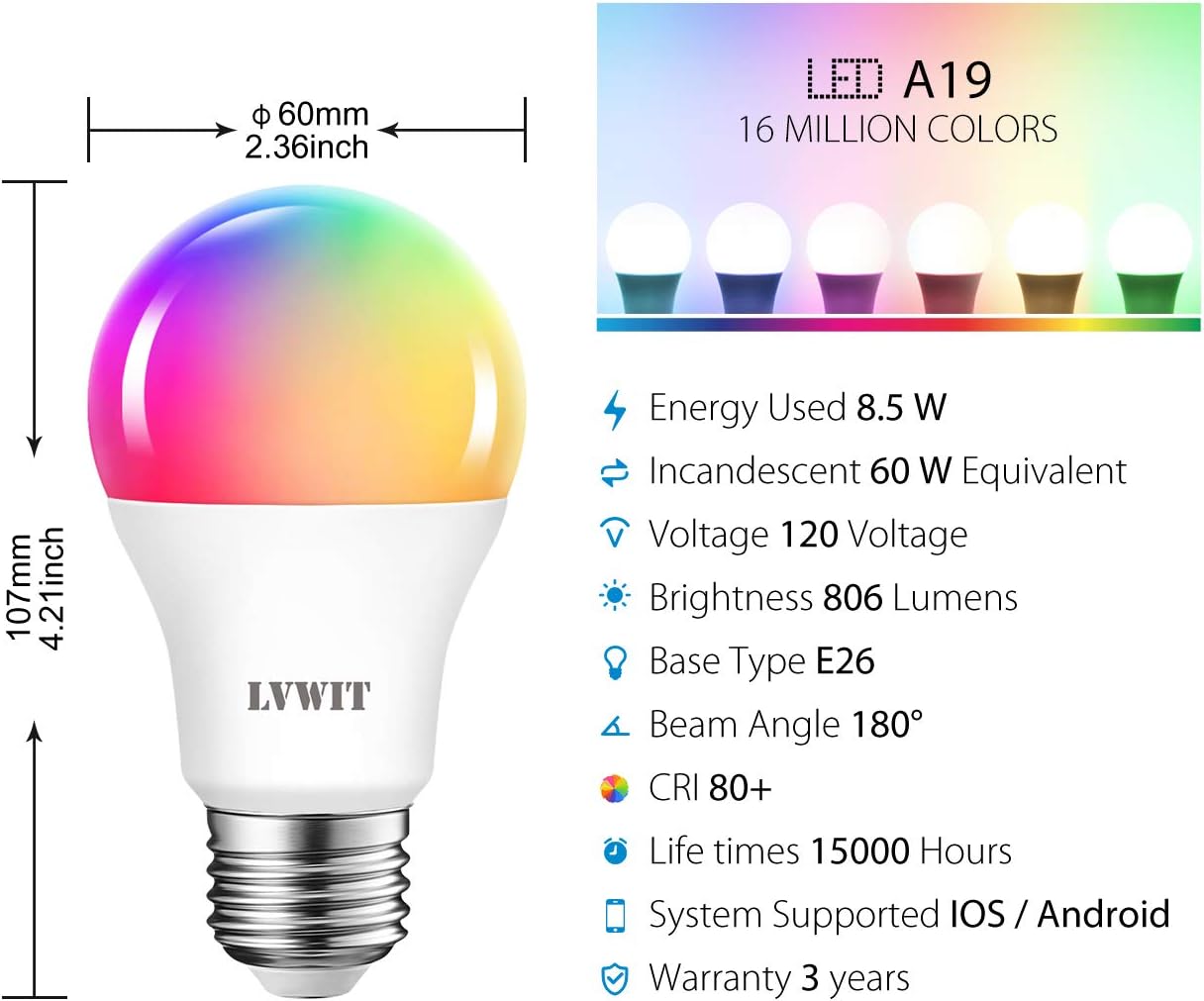 LVWIT Smart Light Bulbs Alexa, A19 60W Equivalent, E26 Smart LED, Work with Google Assistant, Smart Life App, Tuya App, RGB Color Changing Bulb (8.5W), No Hub Required, 4-Pack