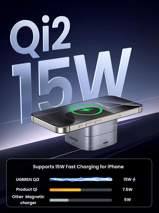 UGREEN MagFlow 15W Qi2 Magnetic Wireless Charging Station, Fast Charger Station Compatible for Magsafe Charger Stand, for iPhone 16/15/14/13 Series, Airpods Pro/4/3/ 2(No AC Adapter) - PuriLite