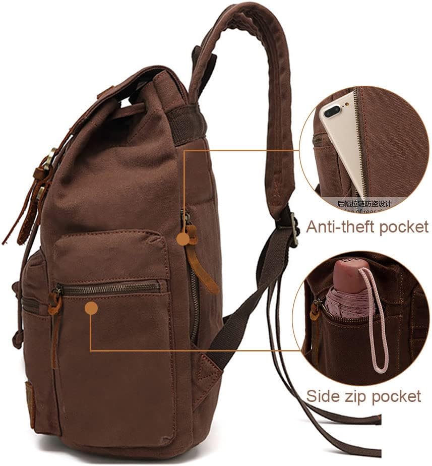 AUGUR Canvas Backpack,17 inch Laptop Backpack Vintage Canvas Leather Backpacks Casual School College Bag Pack Bookbag Hiking Travel Rucksack Daypack (L-Coffee)