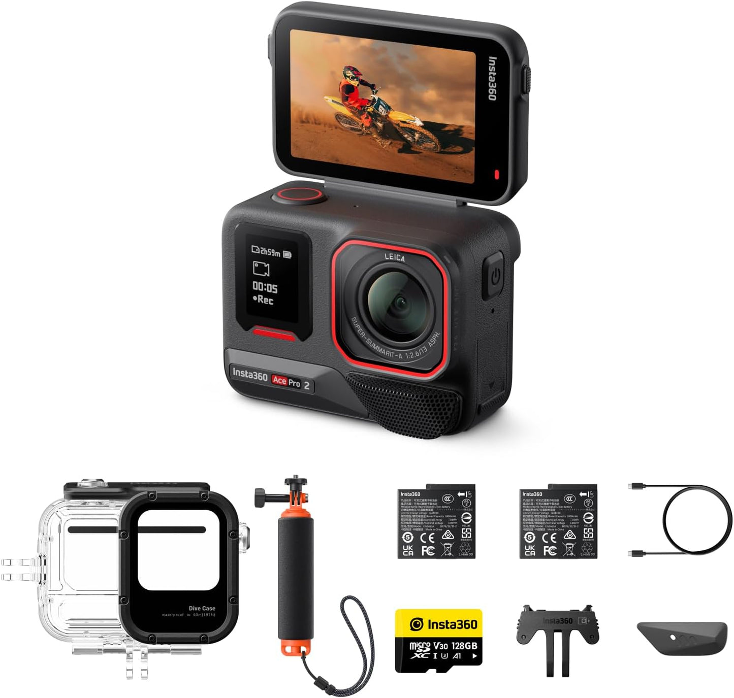 Insta360 Ace Pro 2 Get-Set Bundle- 8K Waterproof Action Camera Co-Engineered with Leica, 1/1.3" Sensor, Dual AI Chip, Leading Low Light, Superior Audio, Flip Screen & AI Editing, Dual Battery