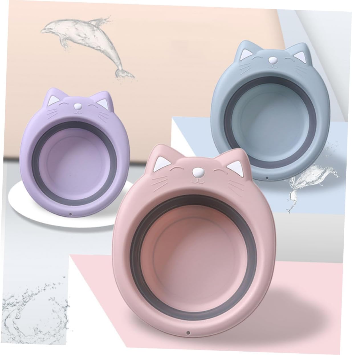 Kisangel Portable Foldable Washbasin Cat Shape Cartoon Design PP Material Space Saving Wash Tub for Bathing
