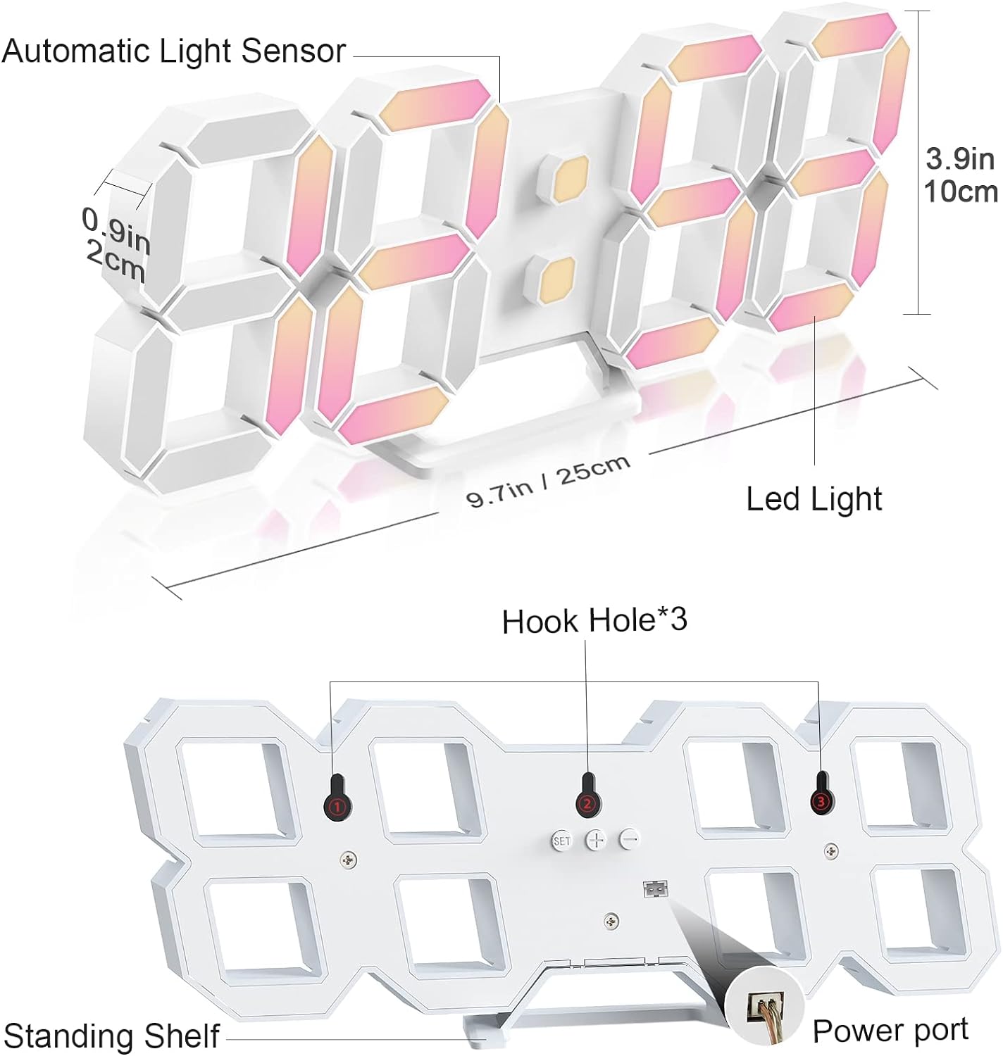 Deeyaple 3D LED Digital Wall Clock Modern Alarm Clock Adjust Brightness 12/24 Time Date Temperature Silent Snooze USB Night Light Remote Control Kitchen Bedroom Living Room Small 9.7 inch White