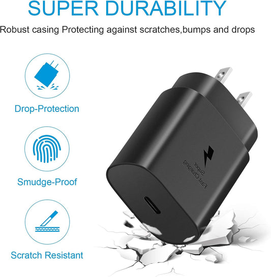 USB C Fast Charger, 2Pack 25W Type C Fast Charger Wall Charger Super Fast Charging Block for Galaxy S24 S23 S22 S21 S20 Ultra S10 S9, Note 20 10 9, with 6ft USB C to Type C Cable 25W Charger Adapter
