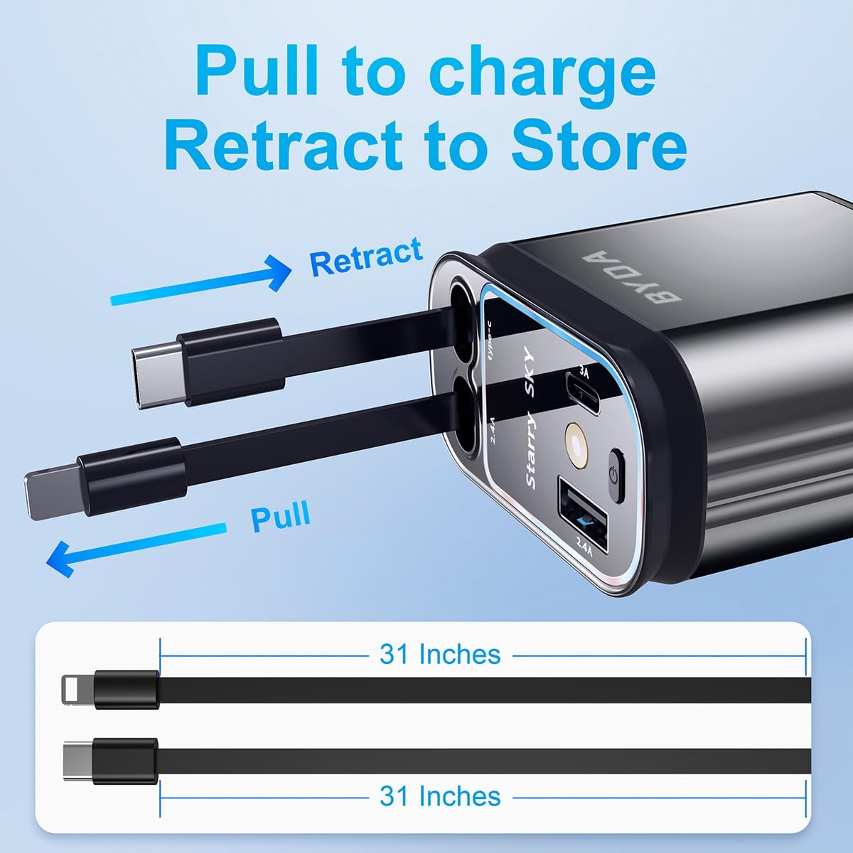 4 in 1 Retractable Car Charger 69W with Starry Light,69W Fast Charging USB C for iPhone 16/15/14/13/12,Pixel, Cigarette Lighter Charger,180° Adjustable Plug,Multi-Device Support