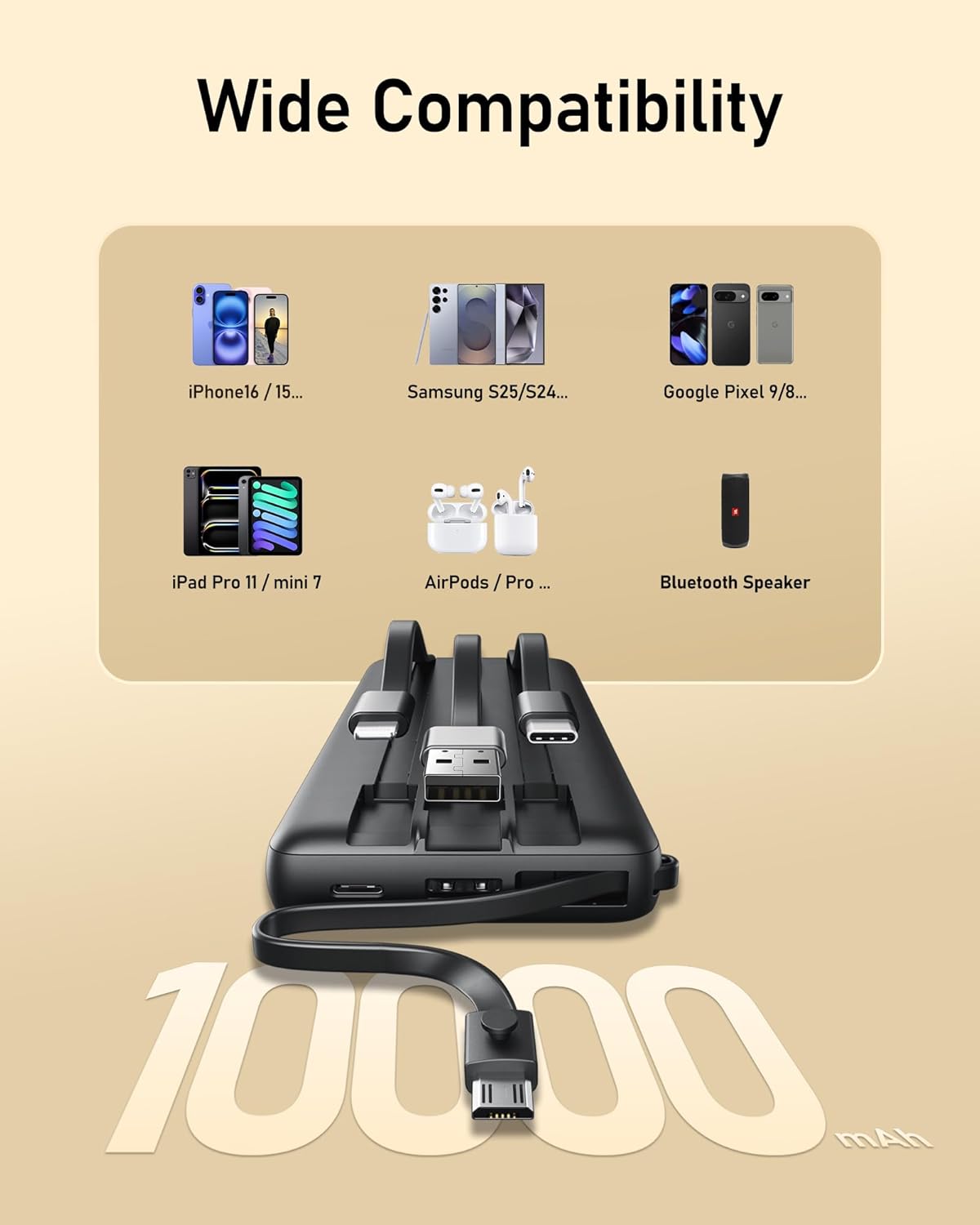 VEEKTOMX Power Bank with Built-in Cables 10000mAh Portable Charger for iPhone Slim Fast Charge USB C Battery Pack Travel Essentials Powerbank Compatible with iPhone, Samsung, Android, etc