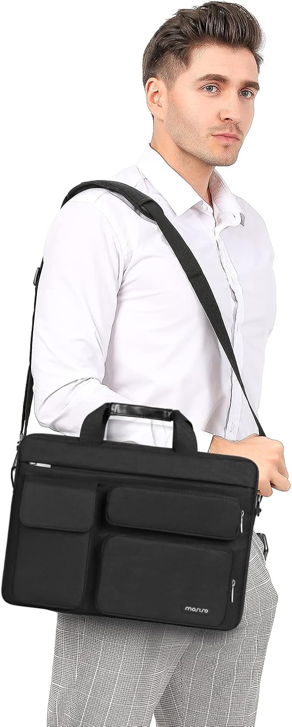 MOSISO Laptop Bag 13.3 inch, 13-13.3 inch Computer Shoulder Bag Compatible with MacBook Air/Pro 13/Pro 14, HP Dell ASUS Notebook &2 Raised&1 Flapover&1 Horizontal Pocket&Handle&Belt, Black