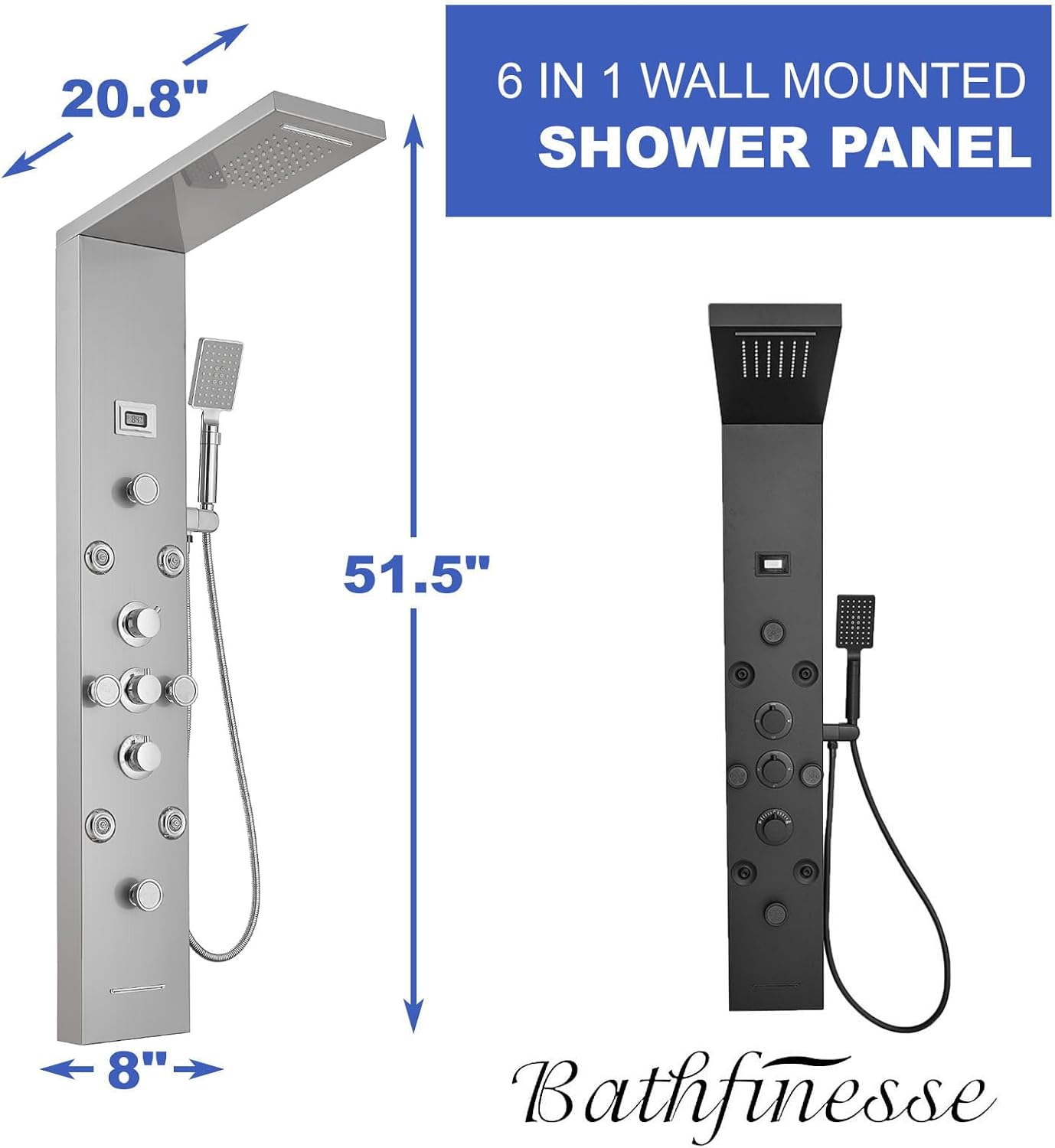 Bathfinesse Shower Tower Bathroom Shower Panel System Rain Massage System 6 in 1 Body Spray Jets Shower Wall Panels Rainfall Waterfall Shower Head Tub Spout with Temperature Display,Matte Black