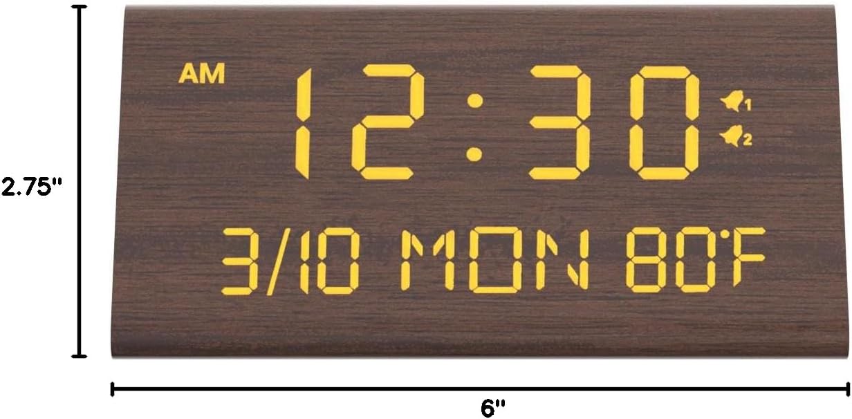 Kogonee Wooden Digital Alarm Clock, 0-100% Dimmer, 2 Alarm Settings, Weekday/Everyday Mode, 9 Mins Snooze, 12/24H, Temperature and Date Display for Office, Travel, Bedroom Alarm Clock (White)