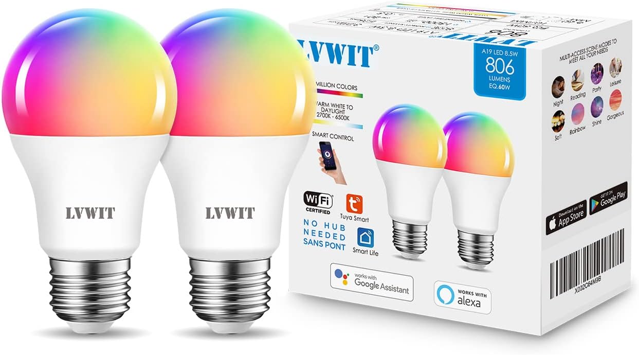 LVWIT Smart Light Bulbs Alexa, A19 60W Equivalent, E26 Smart LED, Work with Google Assistant, Smart Life App, Tuya App, RGB Color Changing Bulb (8.5W), No Hub Required, 4-Pack
