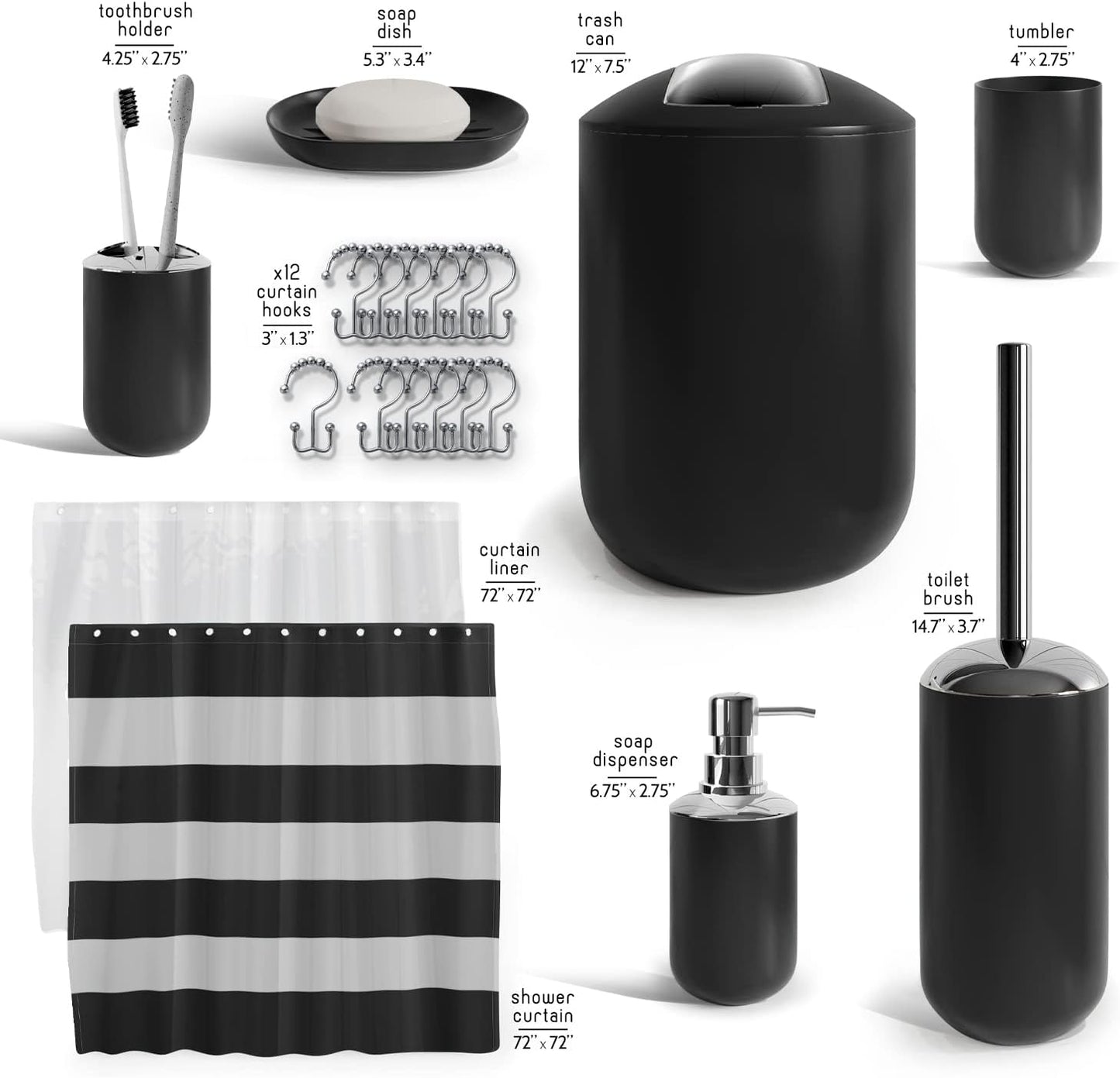 Clara Clark Bathroom Set - Gray Bathroom Accessories Set, Bathroom Sets with Shower Curtain and Rugs, 23PC Shower Curtain Set with Liner, Soap Dispenser, Soap Dish, Toilet Brush Holder, and Trash Can