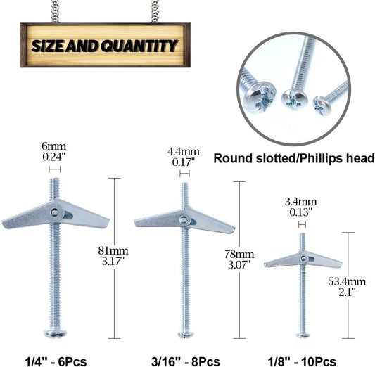 Swpeet Assorted 24 Pcs Toggle Bolt and Wing Nut for Hanging Heavy Items on Drywall - 1/8 inch, 3/16Inch, 1/4Inch - PuriLite