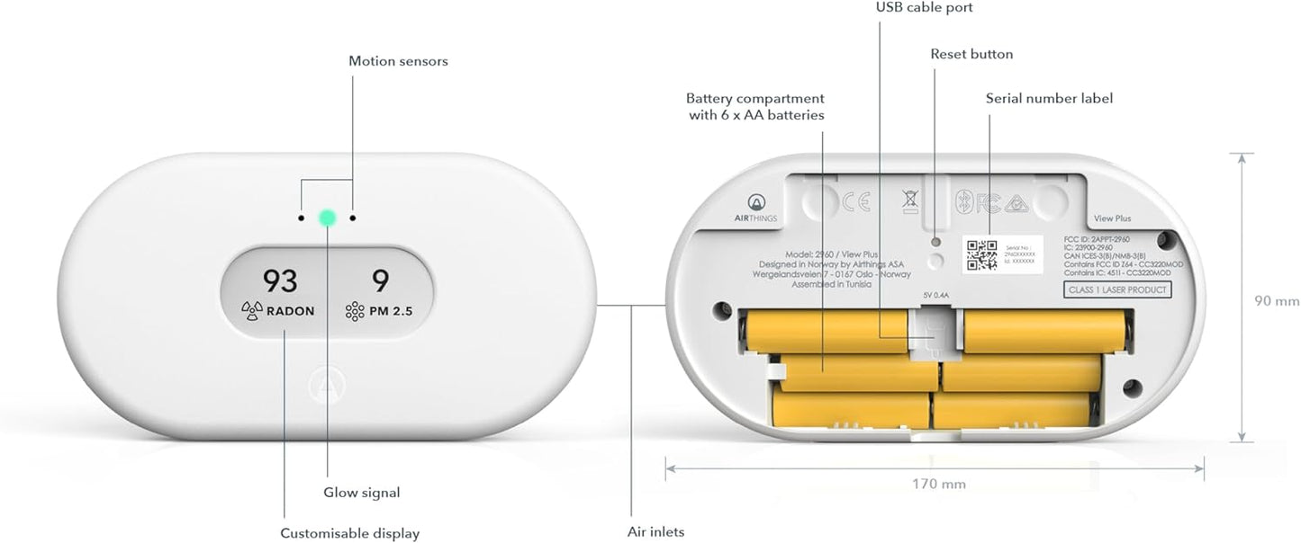 Airthings 2960 View Plus - Radon & Air Quality Monitor (PM, CO2, VOC, Humidity, Temp, Pressure)