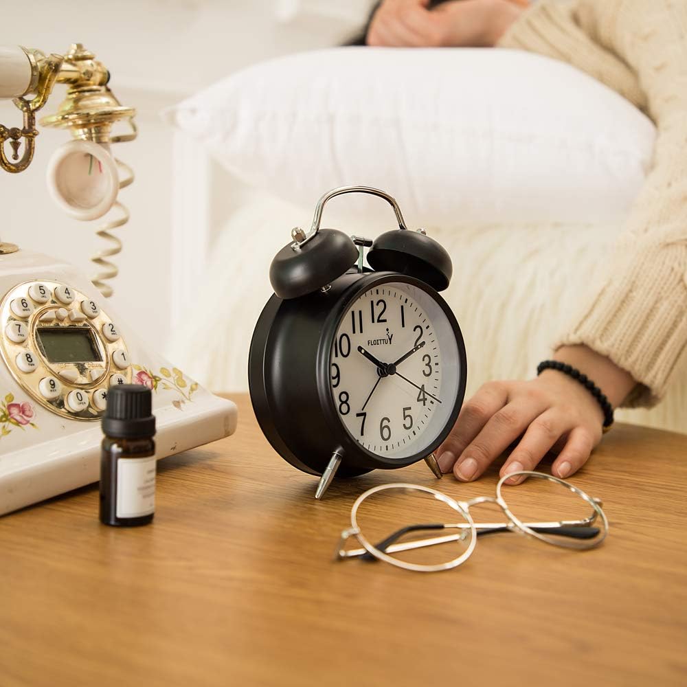 FLOITTUY (Loud Alarm for Deep Sleepers) 4'' Twin Bell Alarm Clock with Backlight for Bedroom and Home Decoration(Black)