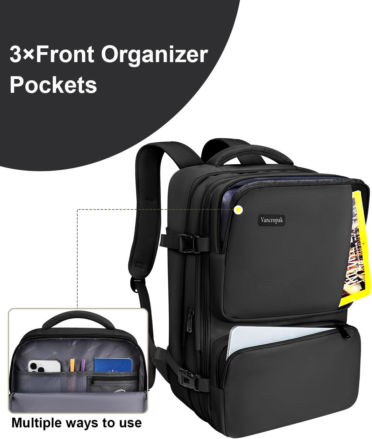 Vancropak Carry on Backpack, Airline Approved 45L Travel Backpack with 3 Packing Cubes - PuriLite