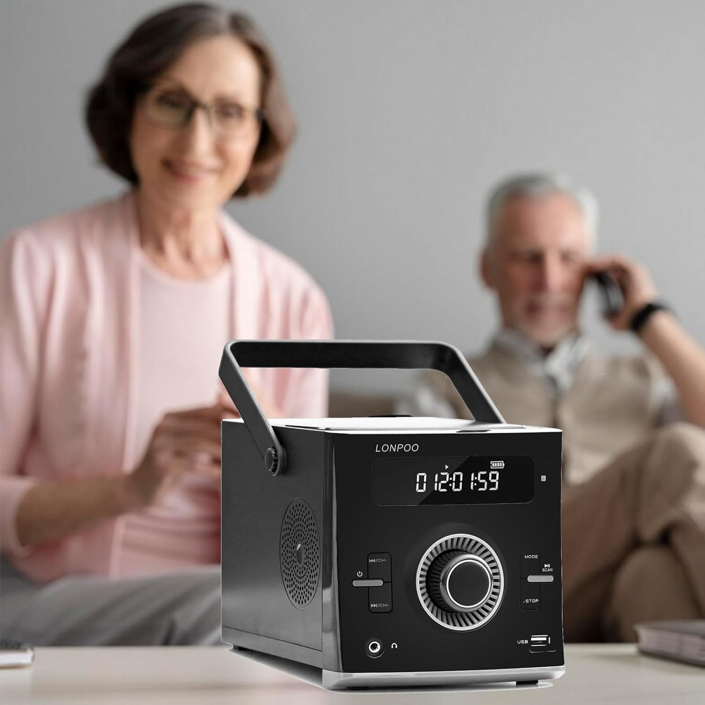 LONPOO Portable CD Player | Stereo Bluetooth Boombox | FM Radio Turn Knob | Auto Lid Open Button | Big LCD Display | Concealed Ports of USB/AUX/Earphone | Rear Power Protection Button (LP-D12)