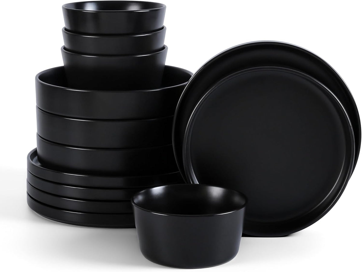 Stone Lain Celina Stoneware 12-Piece Dinnerware Set, Cereal and Pasta Bowls, Black