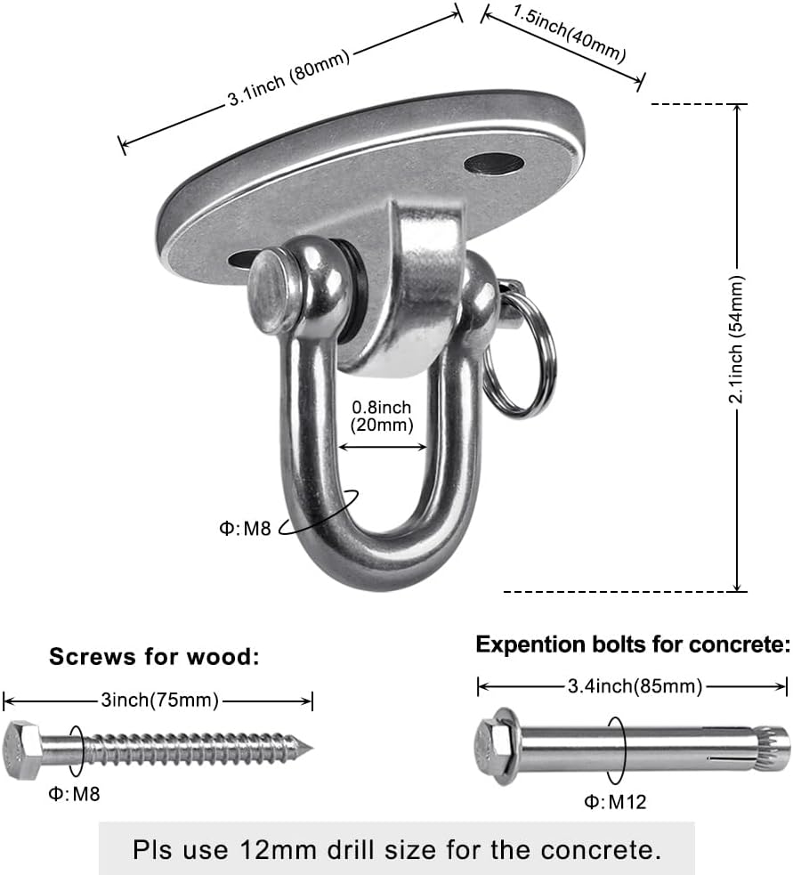 SELEWARE 2 Pack 2000 lb Capacity Stainless Steel 180° Swing Hangers Heavy Duty Swing Hooks for Concrete Ceiling Wooden Hanging Hardware for Por Porch Playground Hammock Gym Swing Sets